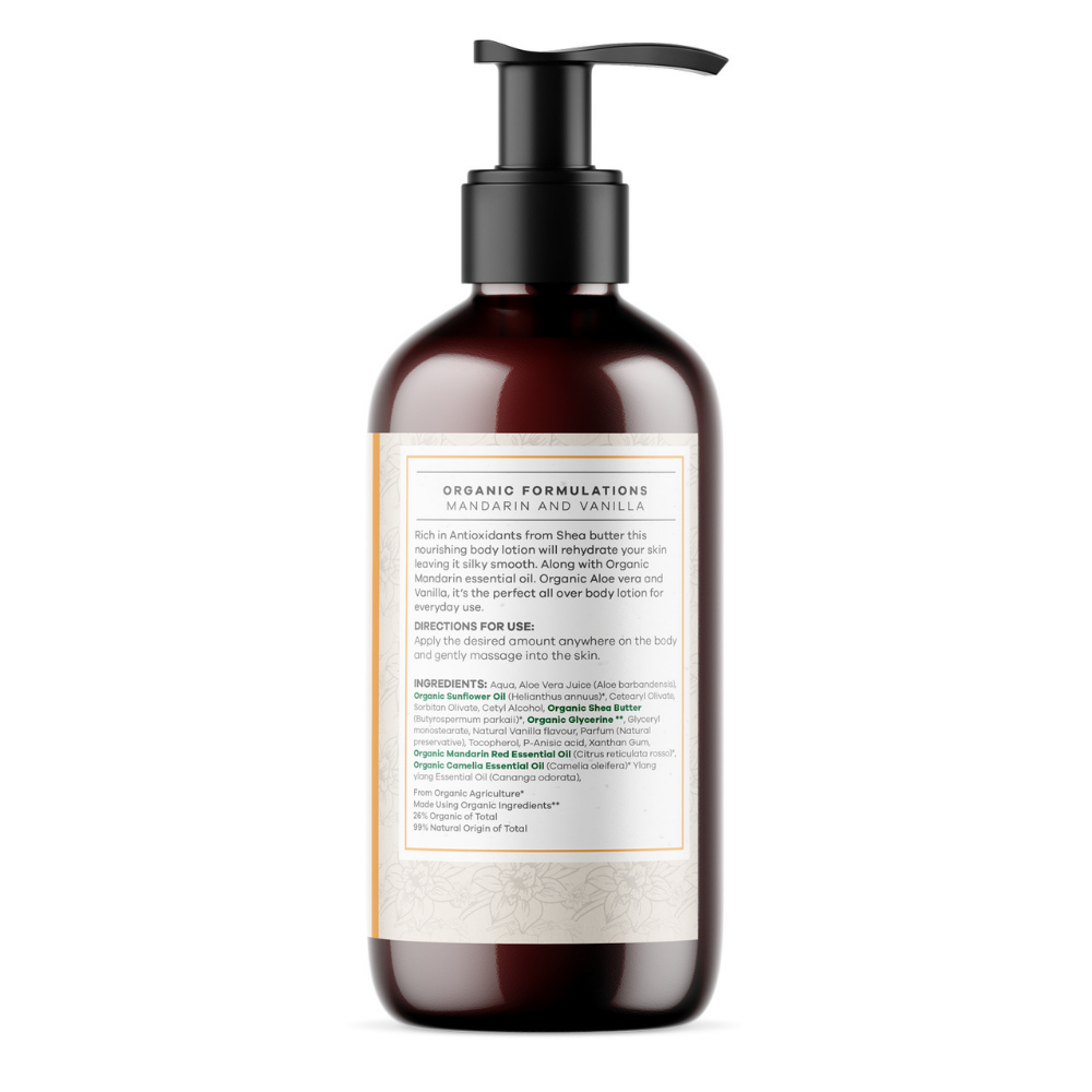 Back label of Organic Formulations Vanilla & Mandarin Body Lotion
