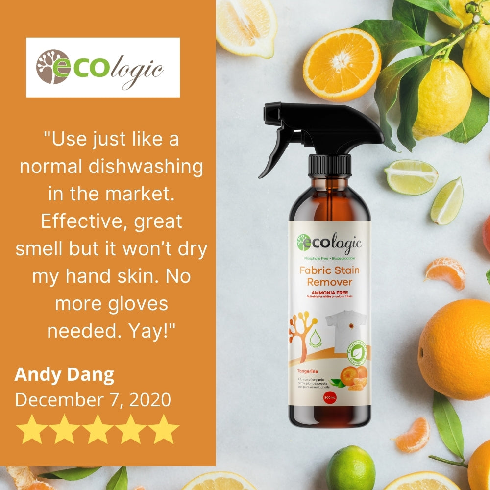 ECOLogic Fabric Stain Remover Spray bottle styled with laundry items / stain cloth