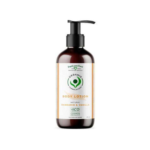 bottle of Organic Formulations Vanilla & Mandarin Body Lotion